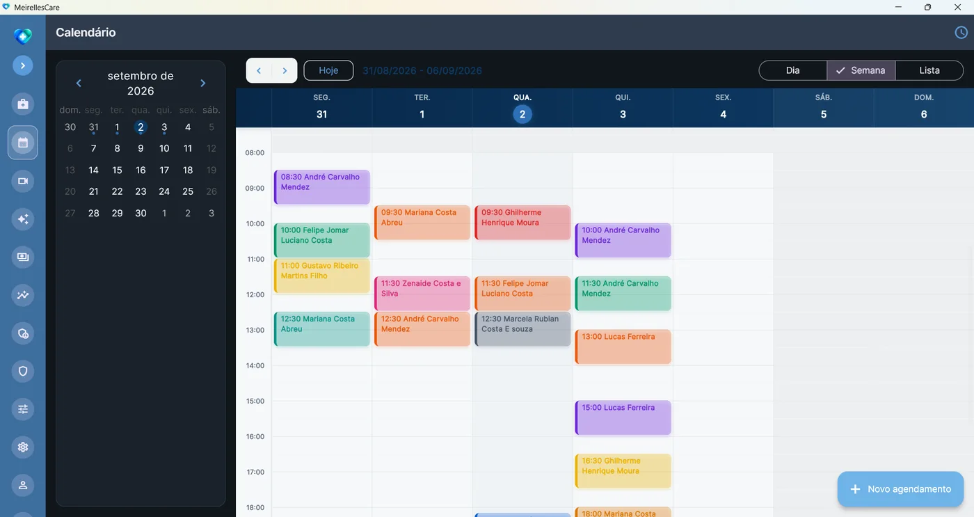 Calendário semanal de agendamentos do MeirellesCare